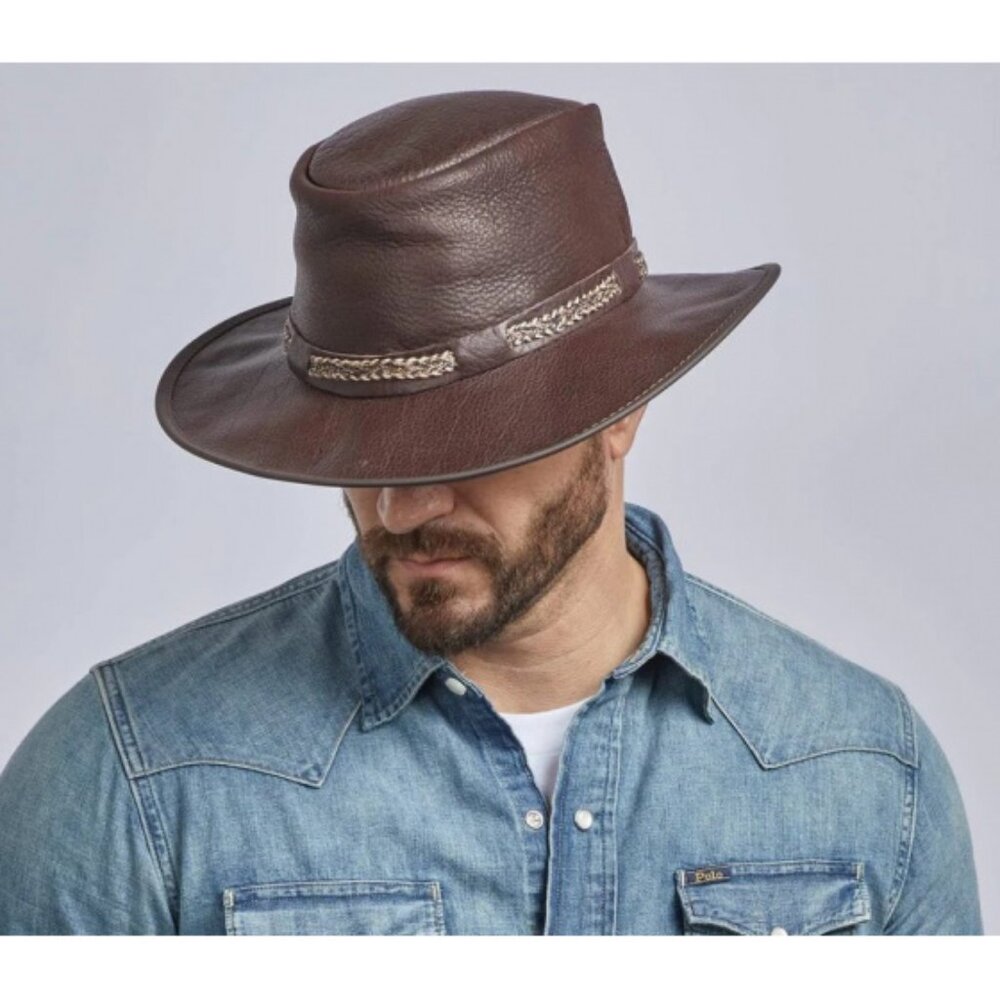 Mens XXL Bison Brown Leather Packable Outback‎ Hat Packable Medium Brim